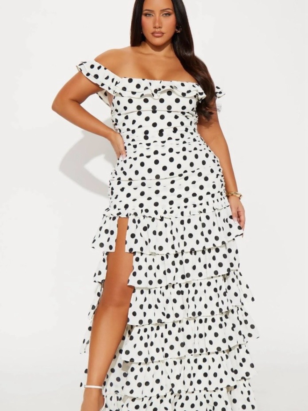 Fashion Nova White & Black Polka Dot One-Shoulder Ruffle Maxi Dress
